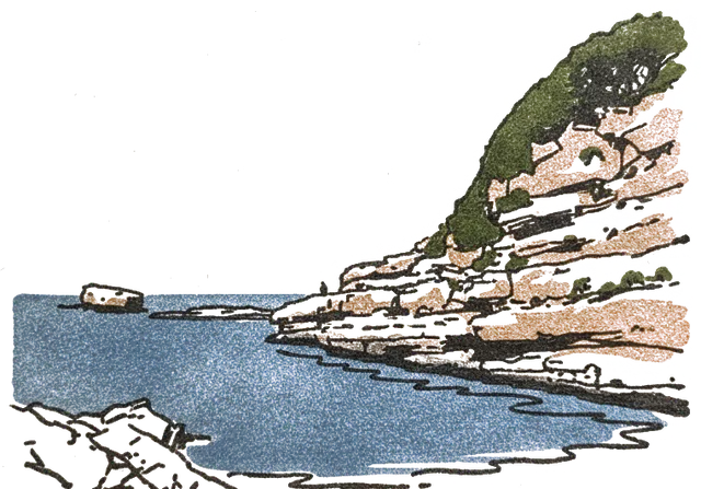 Rubber stamp of cove, cliff, clear, Bagni della Regina Giovanna, Italy