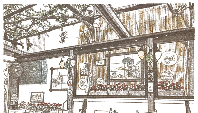 Rubber stamp of pergola, tables, lanterns, Sorrento, Italy