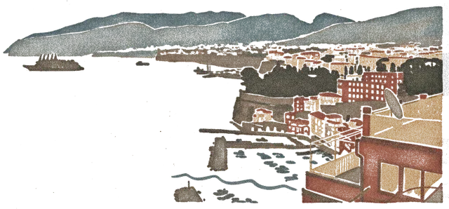Rubber stamp of marina, cliffs, ship, Sorrento, Italy