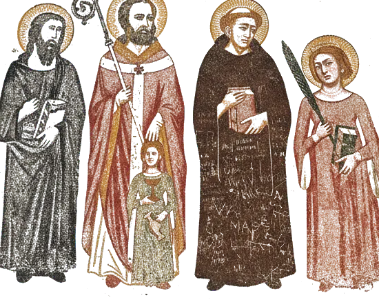 Rubber stamp of fresco, saints, arch, Ischia, Italy