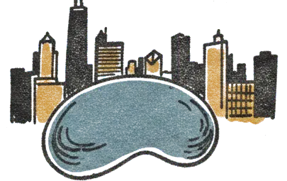 Rubber stamp of bean, mirror, skyline, Chicago, IL