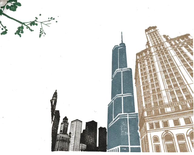Rubber stamp of towers, lookup, sky, Chicago, IL