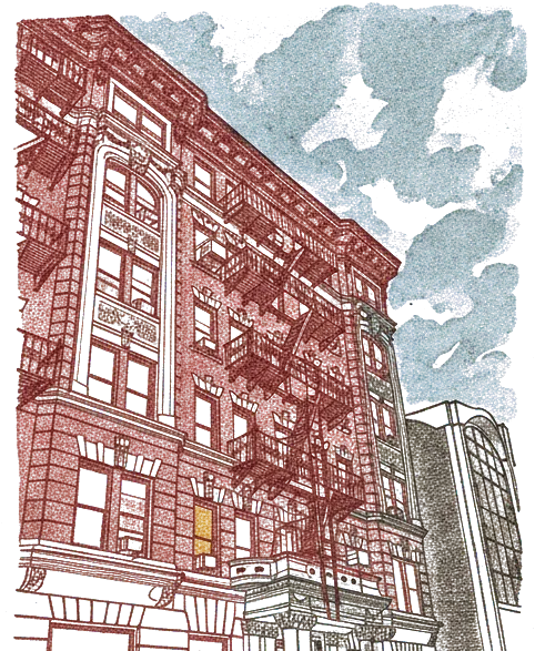 Rubber stamp of escapes, brick, night, New York City, NY