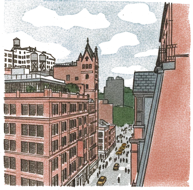 Rubber stamp of rooftops, clouds, street, New York City, NY