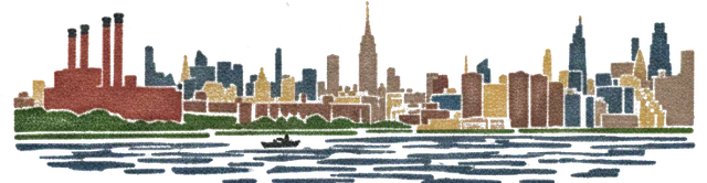 Rubber stamp of skyline, river, haze, New York City, NY