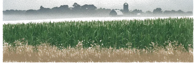 Rubber stamp of fog, corn, silo, Hartford, WI